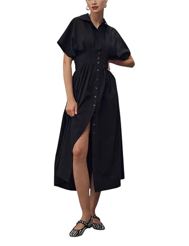 Yeokou Shirt Dress for Women Summer Casual Short Sleeve Button Down Loose Pleated Maxi Sundress with Pockets(Black-M)