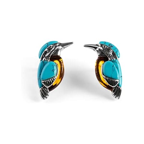 Kingfisher Bird Stud Earrings in Sterling Silver, Baltic Amber and Turquoise, Bird Watcher Gift Cover