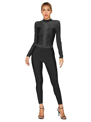YiZYiF Donna Balletto Body da Danza Tuta Intera Ginnastica Artistica Strass Bodysuit Pattinaggio Catsuit Manica Lunga Jumpsuit Leotard Dancewear Nero M