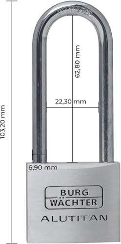 Burg-Wächter Vorhangschloss, Vorhängeschloss mit Schlüssel, 6,9 mm Bügelstärke, massives Aluminiumschloss, Innenwerk rostfrei, Gehärtet, Alutitan 770 HB 40 65 SB