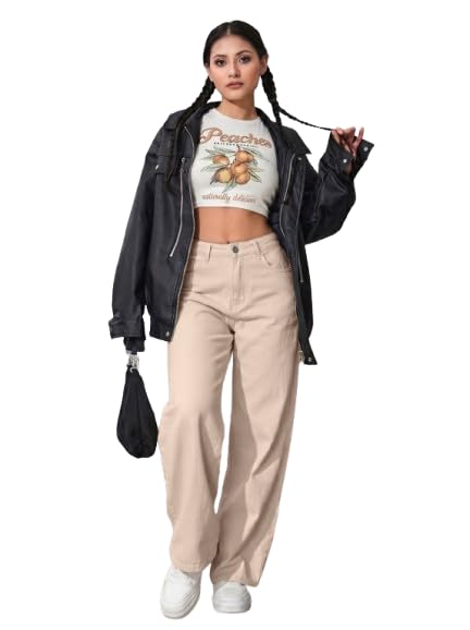 Women's Wide Leg Jeans, Cream Washed Denim, High Rise, Relaxed Baggy Fit, Casual Streetwear, High Waist, Beige, Casual Straight Trousers with Pockets-picture-45