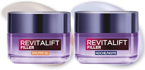 Rutina L'Oreal Paris Revitalift filler Crema rellenadora intensiva con Ácido Hialurónico y SPF 50, 50 ml + Crema de Noche Revitalizante, Antiarrugas y Volumen, 50 ml. Inspirado en Cosmética Coreana