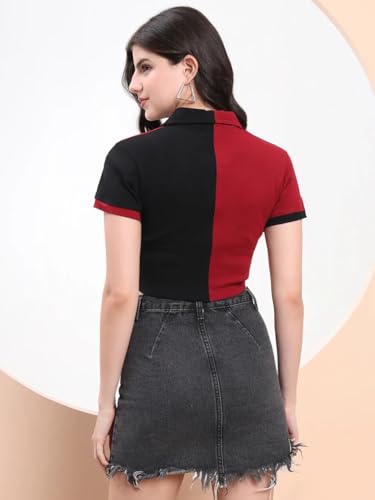 Image of Cotton Ribbed Polo Crop Top for Women - Dual Tone Summer Casual Tee