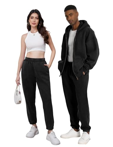 FAIABLE Heavyweight Fleece-Lined Joggers for Men, Winter Warm Washed Sweatpants Relaxed Fit Tapered Cuff & Drawstring Unisex4