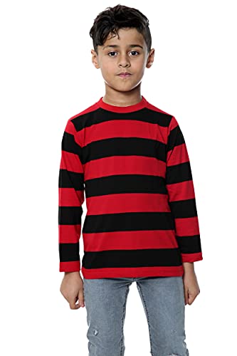 WickedFun® Kids Unisex Long Sleeved Stripe Crew Neck T-Shirt Boys Girls Casual Striped T-Shirts Ages 5-13 Years (Red & Black, 5-6 Years)