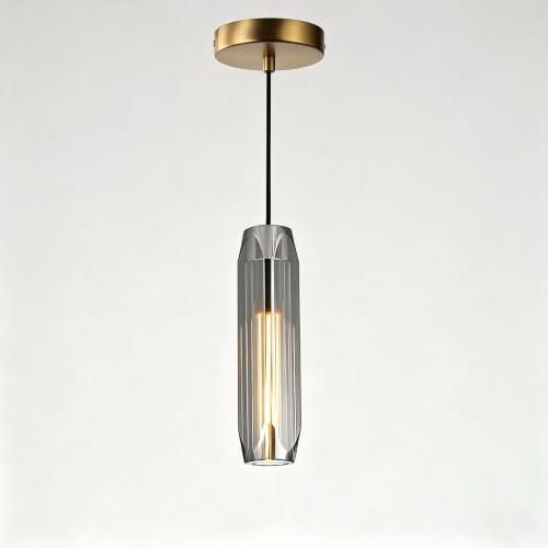 Image of 11.8 inch Modern Pendant Light Fixture with Smoke Gray Crystal Lampshade, Adjustable Hanging Ceiling Pendant Lighting for Kitchen Island Dining Room Bar Counter
