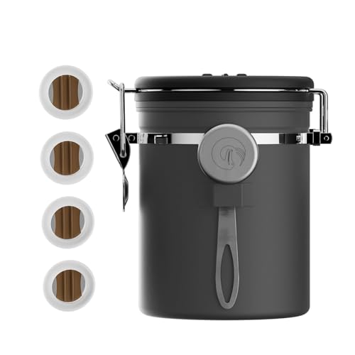 Coffee Gator Stainless Steel Canister - Medium 16oz, Gray Coffee Grounds and Beans Container with Date-Tracker, CO2-Release Valve, and Measuring Scoop - Ideal Coffee Lovers Gifts
