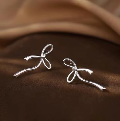 Image of Reffeer Solid 925 Sterling Silver Bow Stud Earrings Ribbon for Women Teen Girls Bowknot Stud Earrings Drops
