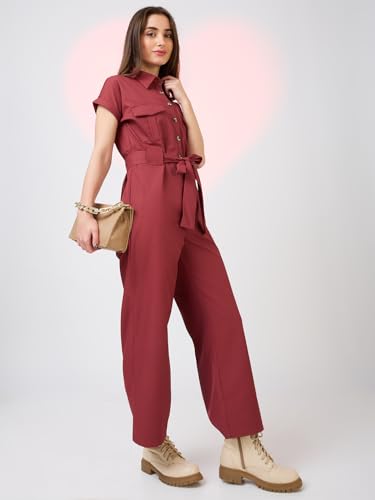 Image of Globus Women Olive Solid Shirt Collar Jumpsuit with Waist Tie-Up-3638458001