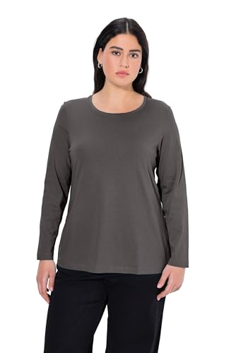 Ulla Popken Damen große Größen Übergrößen Plus Size Shirt, Slim, Rundhalsausschnitt, Langarm Graphitgrau 50+ 646801110-50+