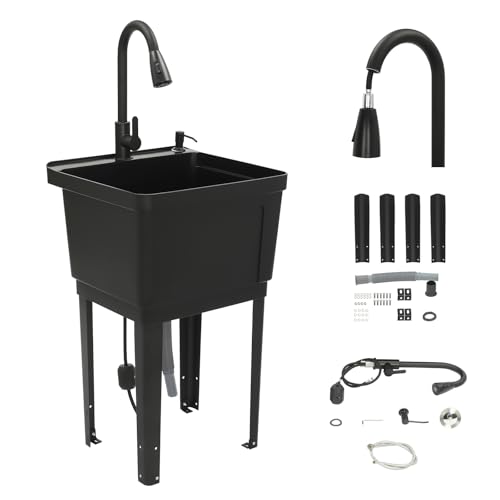 sjcdicnj Home Laundry & Utility Sinks, Free Standing Laundry Sink with Soap Dispenser, Outdoor Sink Slop Sinks Laundry Tub Garage Sink for Washing Room (Black)