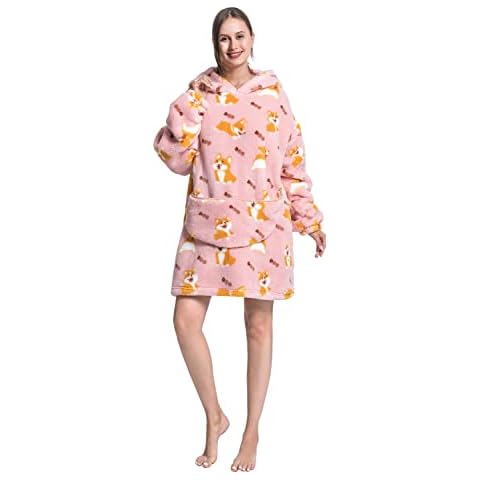 CHOBES Unisex Hoodie Blanket Oversized Wearable Blanket Sweatshirt for Teen Women Men with Kangaroo Pocket One Size fits All-Corgi Cover