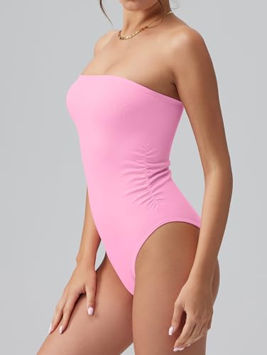 Image of OQQ Womens Tube Bodysuits Strapless Basic Sleeveless Ruched Stretch Classic-Fit Tops Sexy Bodysuits