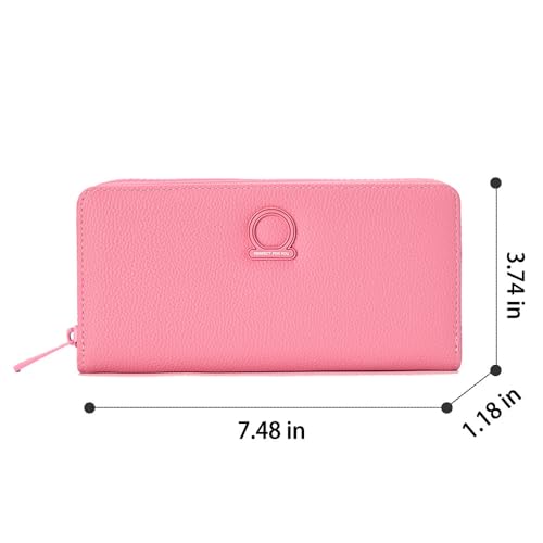 JIUFENG Bifold Credit Card Wallet for Women, Little Coin Purse with ID Window, Zipper Closure, Pink Long2