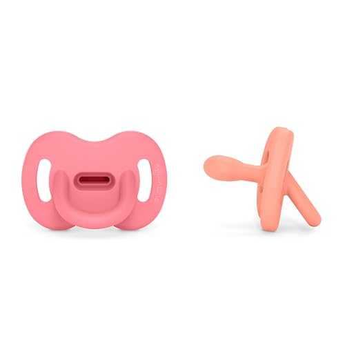 Image of Color Essence SX PRO Silicone Baby Pacifier 2Pk, Made with 100% Soft Silicone, Baby Essentials Perfect for Breastfeeding Babies, Designed in Spain, 0-6 Mths, Fushia /Peach