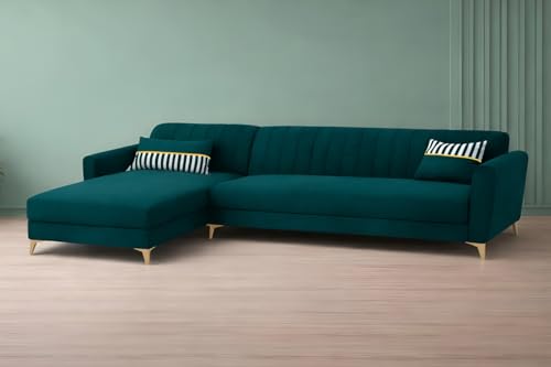 Image of Adorn India Premium Luster 6 Seater L Shape Sofa Set | Velvet Suede Fabric | 3-Year Warranty | LHS |Color Ocean Blue with Golden Legs & Striped Pattern Cushion