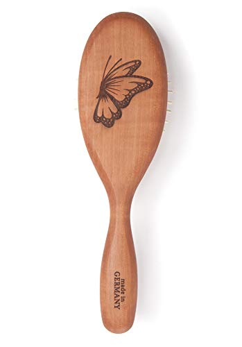 Natural Wood Bristle Hair Brush, Gentle Massage, Pear Wood Handle, Made In Germany, Model Pww, For All Hair Types, Rounded Wood Pins, Anti-Static #TOP1
