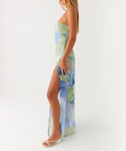 Image of Women Floral Strapless Maxi Dress Y2K Bodycon Tube Long Dresses Sexy Party Formal Cocktail Beach Slit Dress