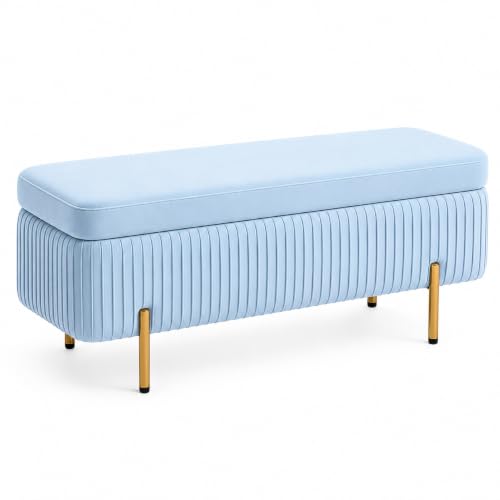 Image of Nutech Decor Velvet Upholstered Flip Top Storage Bench, 2-Seater Ottoman with Hidden Storage, Button Tufted End of Bed Bench for Bedroom, Living Room, Entryway, Hallway & Window Seating