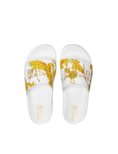VERSACE JEANS COUTURE Baroque-Print White Slide Sandals with Gold Accent Detailing -8 for Mens