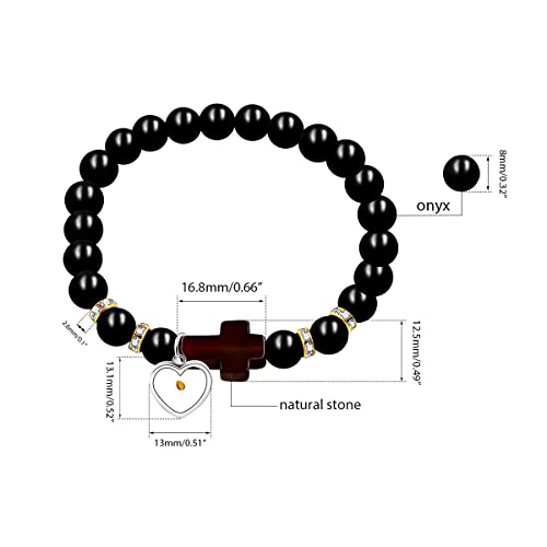 Image of Uloveido Black Agate Side Cross Bracelet Mustard Seed Charms, Personalized Letter A-Z Tiger's Eye Bangle Y944