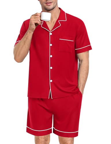 Image of SWOMOG Mens Pajama Set Short Sleeve 2 PCS Sleepwear Button Down Soft Loungewear Modal Set Pj Set with Pockets S-3XL