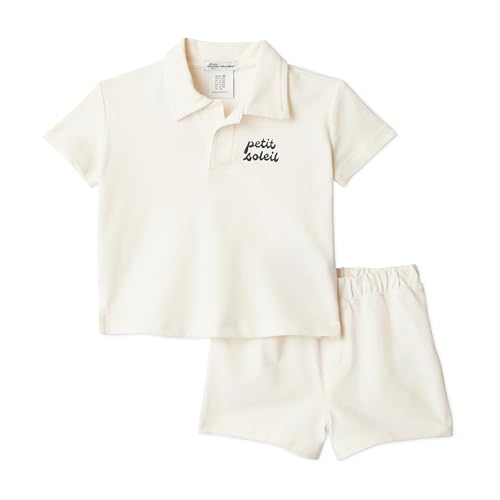 Amazon Essentials Unisex Babies x Sofia Grainge Cotton Pique Baby Boys and Toddlers Short Sleeve Shirt & Shorts Set, Ivory Navy Petit Soleil, 6-9 Months - image 1