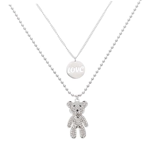 HEMOTON Collar de Doble Capa Colgante de Oso de Acero Inoxidable Titanio Cadena Cuello Estilo Hip-Hop Joyas para Mujer Accesorio para Fiestas y Suéter Cadena en Capas Dije de Oso