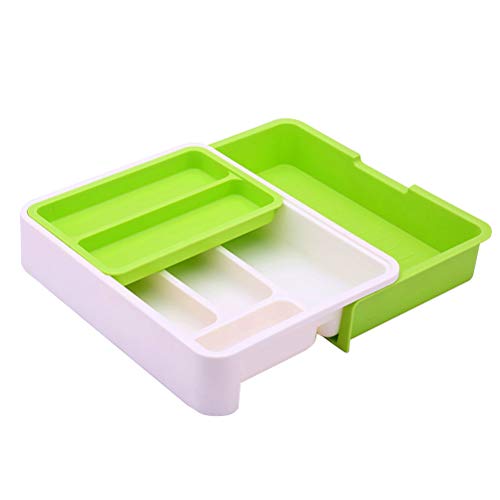 Caixa de armazenamento telescópica com design de divisória, bandeja de armazenamento de talheres e gaveta, recipiente de armazenamento de talheres para mesa, organizador de cozinha doméstico (branco + verde)