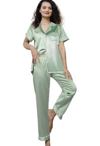 Womens Pajamas Set XS-3XL Floral Silk Satin Pajama Sets Silky Pj Sets 2Pcs Loungewear Sleepwear Button Down Pjs