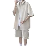 夏服 メンズ 上下セットアップ シャツ 半袖 カーゴパンツ 大きい サイズ シボ加工 アイスシルク 冷感 涼しい ゆったり 通気性 ハーフパンツ ショート パンツ ズボン 無地 カジュアル ファッション トップス apricot-4XL