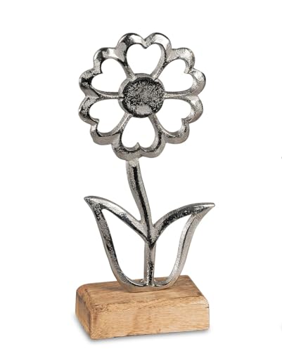 formano Dekoaufsteller Blume aus Aluminium & Mangoholz 20 cm - Silberfarben...