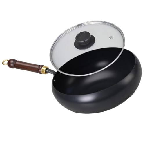 木蓋+ガラス蓋 24cm/26cm/28cm 中華鍋 鉄手作り 深型設計 化学コーティング無し 鉄分補給 軽量 錆び防止 省エネ ガスIH両用 家庭用キャンプ用 ガラス蓋 光面鍋 24cm