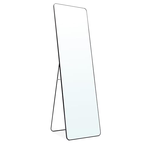 Image of Artspire Home Elegant Round Corner Wall Mirror | Aluminium Frame, Explosion-Proof Sheet with Stand | Dressing Mirror for Bedroom, Entryway, Walk-in Closet & Foyer Home & Office (Black, 50x160CM)
