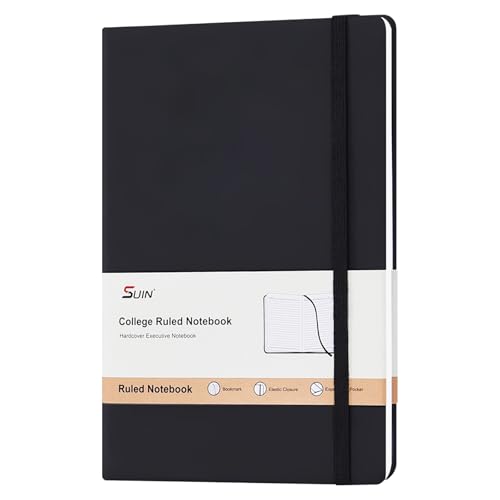 A5 Notebook Hardback, 200 Pages Lined Paper, Faux Leather Journal for Men & Women, Black Notebook with Elastic Strap, Ribbon Marker & Inner Pocket, Ideal for Work, Study & Journaling (Black - 1 Pack)
