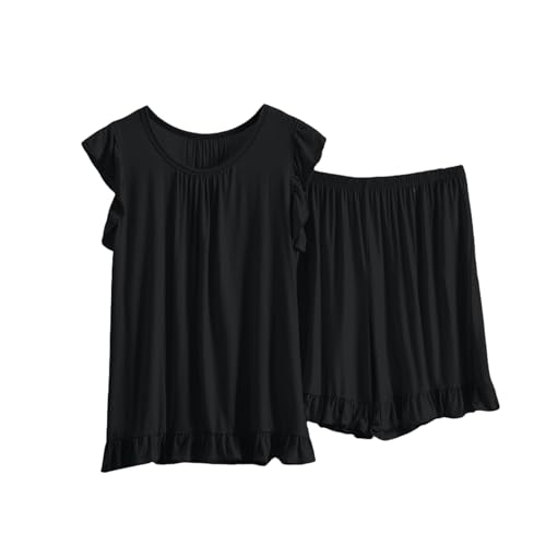 LZPCarra Pijama sexy corto para mujer, sin mangas, algodón, 2 piezas, tallas grandes, ropa de dormir modal, cuello redondo, ropa de casa, holgada, ropa de dormir informal de dos piezas, Negro