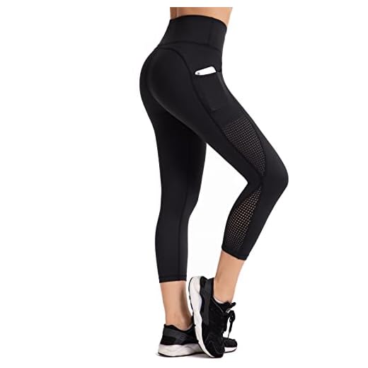 UURUN Women's Capri Workout Leggings with Pockets High Waisted Tummy Control Yoga Pants Non See Through Mesh Compression Running Capris for Fitness Gym Athletic 883 Black S