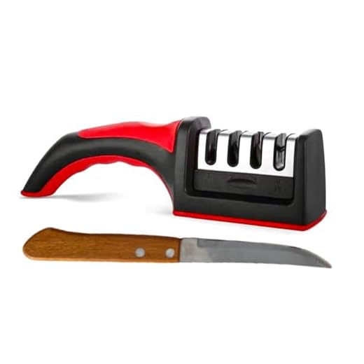 Afilador de Cuchillos Manual de 4 Cabezas en Rojo y Negro con Cuchillo Cocina Mango de Madera en Pack. Herramienta de Afilado Manual-Portátil de Precisión para Mantener Afilados cuchillos y tijeras.