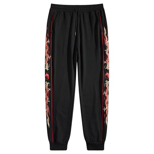 Men's Japanese Streetwear Jogger Pants for Men Red Dragon Embroidered Drawstring Pants Mens Baggy Casual Trouser