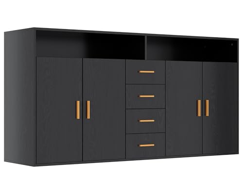HOMAVO Buffet Moderne, 160 x 81 x 40 cm, 2 Portes, 4 Tiroirs, Style Minimaliste, pour Salon et Salle à Manger, BG1-L (Noir)