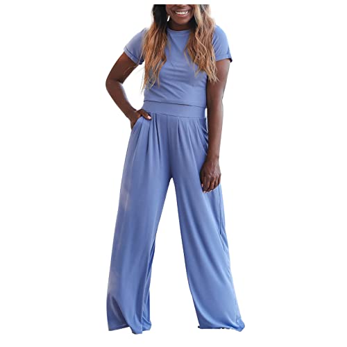 Tuianres Women's Summer 2 Piece Outfits Matching Sweatsuits Lounge Set Short Sleeve Crop Top Wide Leg Pant Set Tracksuits #TOP28