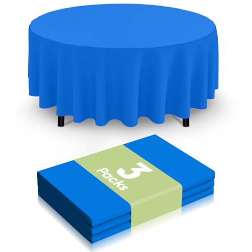 Image of Smiry Disposable Table Cloth 3 Pack, 84 Inch Round Waterproof Plastic Tablecloth, Decorative Round Table Covers for Party, Birthday, Picnic, Blue