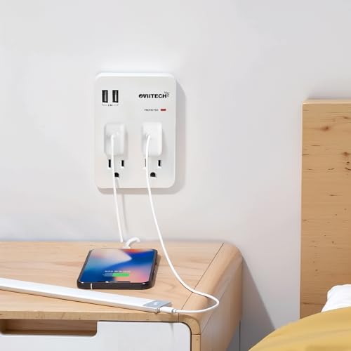 Multi-Functional Wall Mount Outlet,Surge Protector,OviiTech 4-Outlet with USB 2.4A Charging Ports Socket Outlets Adapter,1875 W,750 Joules,White,ETL Listed,2 Pack