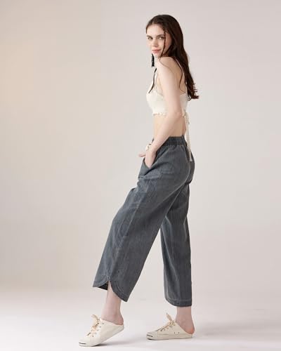 noflik Women's Cotton Drawstring Cropped Wide Leg Pants with Elastic Waist3