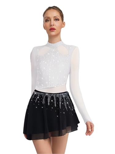 Yhong Damen Eiskunstlauf Kleid Langarm Kürkleid mit Strasssteine Mesh Spleiß Tanzkleider Glitzer Trikot mit Gefaltet Röckchen Wettbewerb...