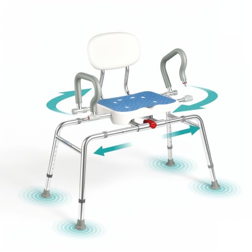 Sliding Shower Chair with Swivel Seat and Silicone Non-Slip Mat for Tub 450lbs Bariatric 360 Rotating Bathtub Transfer Bench Adjustable Height & Width Bath Chairs for Elderly and Disabled