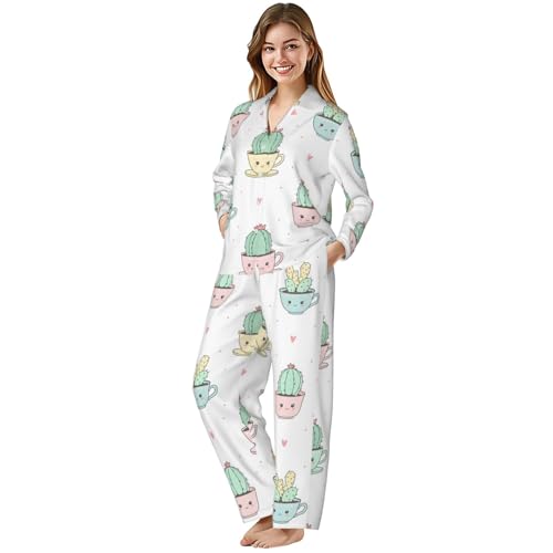 Image of Women'S Long Sleeve Pajama Set Soft Loungewear Button-Down Top & Elastic Waist Pants S- 2XL