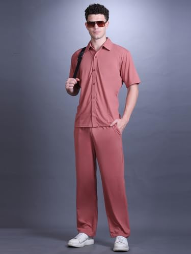 Image of CHKOKKO Men's Co-Ord Set Premium Cotton Blend Oversized T-Shirt & Shorts Cord Set with Side Pockets Round Neck Half Sleeves Solid with Contrasting Stripes Summer or Casual Wear