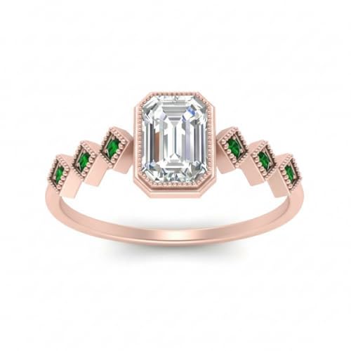 Image of Choose Your Gemstone Bezel Set Emerald Accented Diamond CZ Ring Rose Gold Plated Emerald Shape Side Stone Engagement Rings for Women, Girls and Ladies US Size 4 to 12