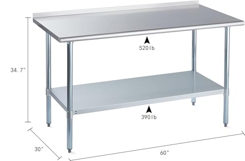 Image of ROCKPOINT Stainless Steel Table for Prep & Work with Backsplash 30x60 Inches, NSF Metal Commercial Kitchen Heavy Duty Table with Adjustable Under Shelf and Table Foot for Restaurant, Home and Hotel
